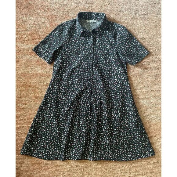Zara Black Floral Short Sleeve Shirt Dress Button Front 100% Cotton - Picture 1 of 8